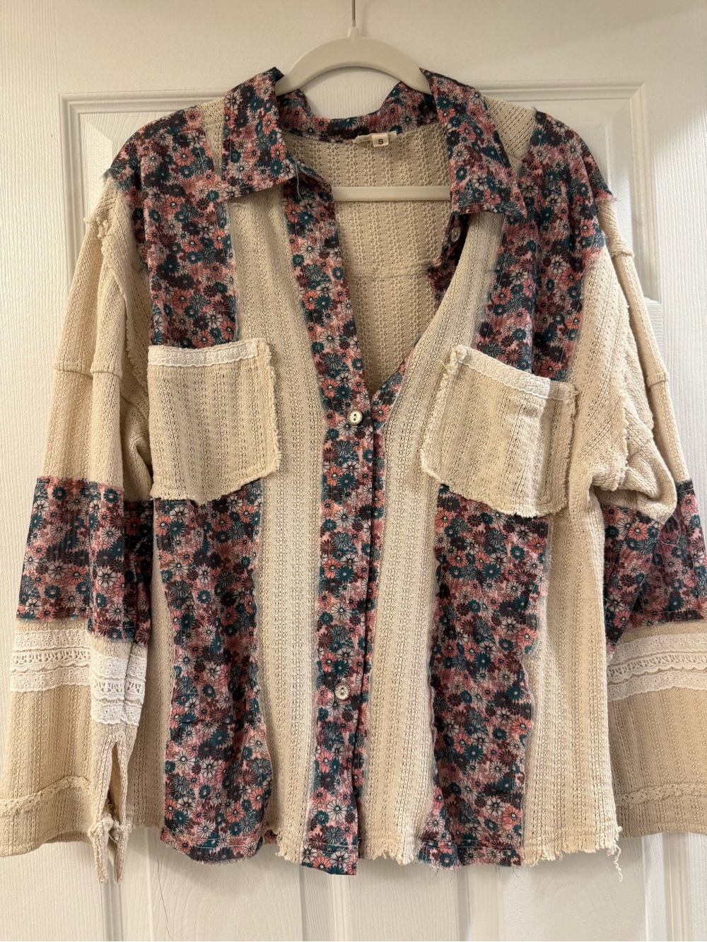 POL Floral Patchwork Button-Down Top - Cream & Pink